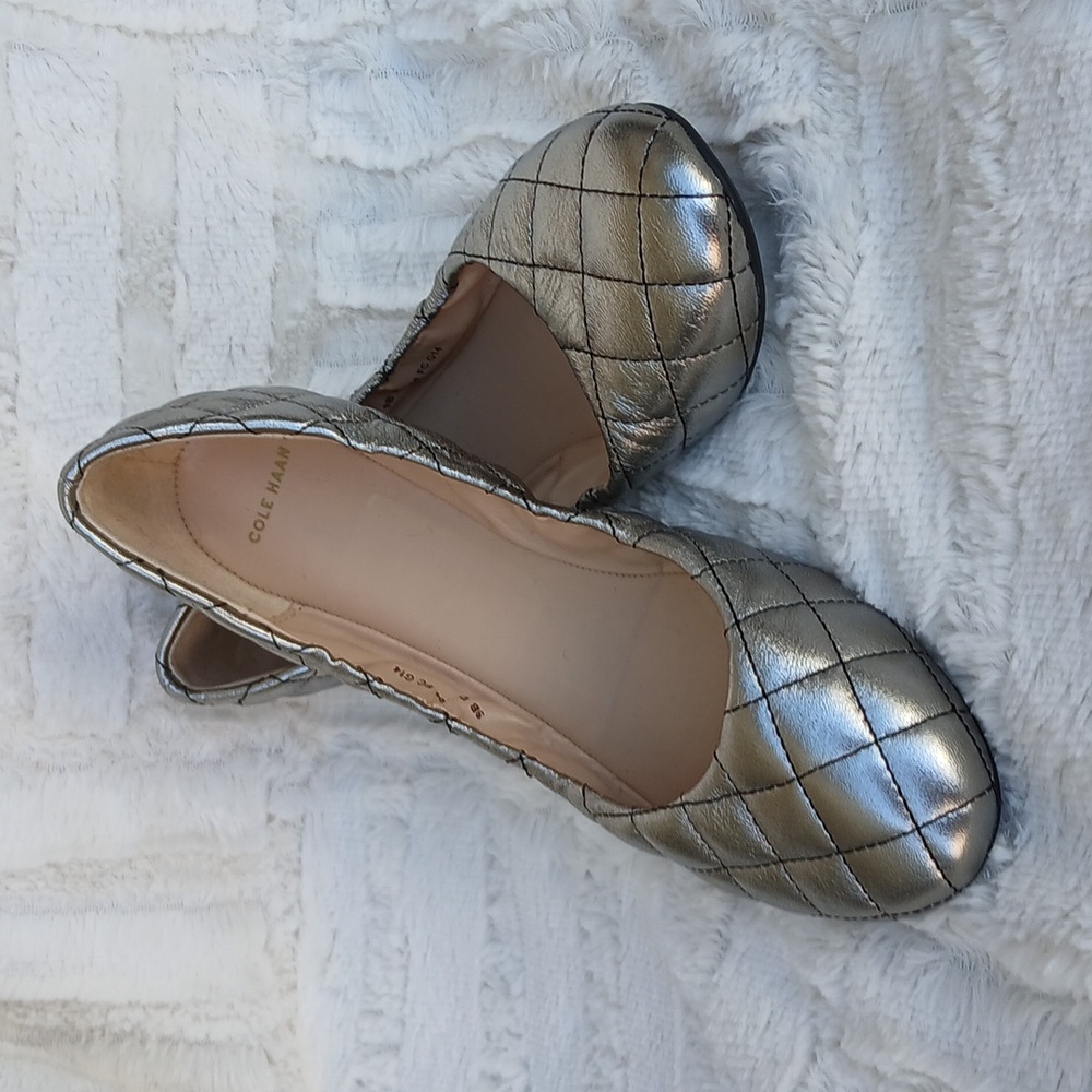 Cole Haan Quilted Silver Leather Ballet Flats